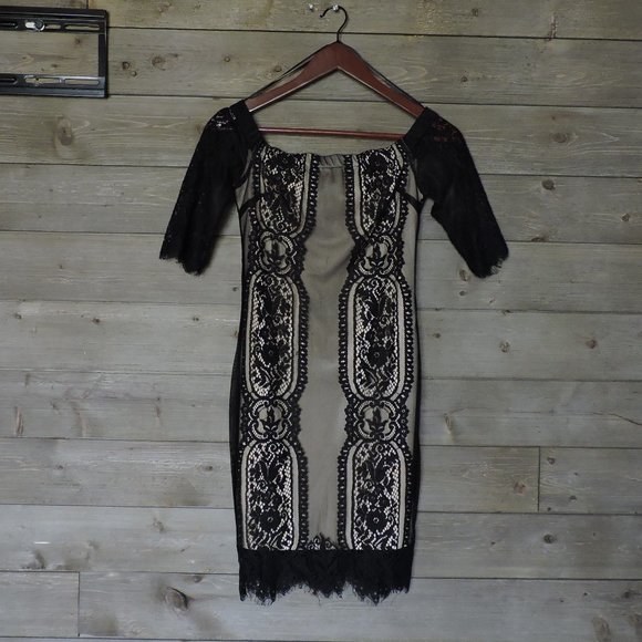 LUSH Open Shoulder Cream Black Lace Sheath Dress Small - Picture 2 of 3